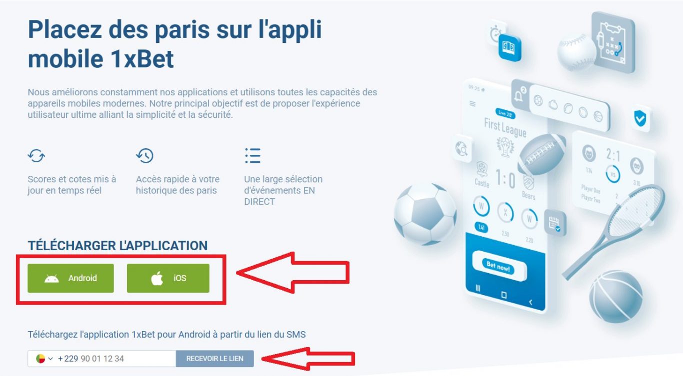 1xBet app sur les smartphones Android